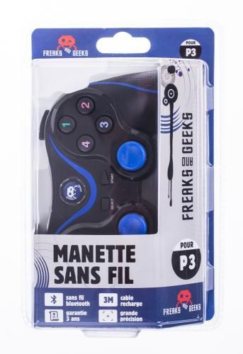Manette PS3 Sans Fil Vibrante + Cable de recharge de 3M (bleue et blanche)  - Freaks and Geeks